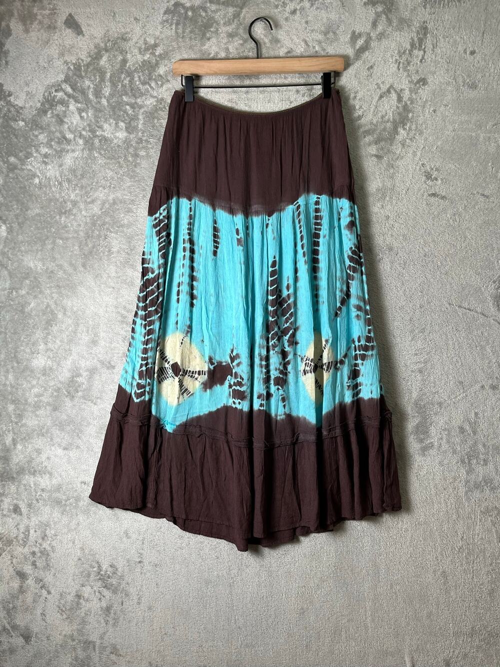 Vintage Brown Turquoise Tie Dye Maxi Skirt Boho Hippie Festival Fairy Grunge Y2K